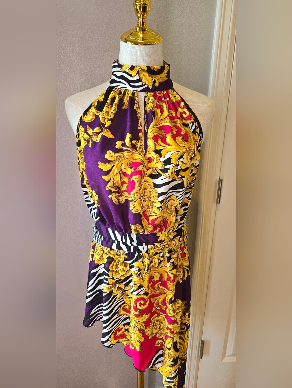 New York & Company One-Shoulder Baroque Print Dress in Purple, Yellow & Black